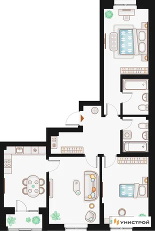 Планировка 3-комн. квартира, 82.24 м² ЖК «Жилой кластер Q на Кулагина»