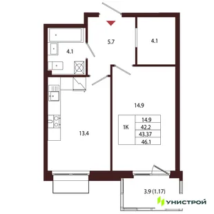 Планировка 1-комн. квартира, 43.37 м² ЖК «Лисино»