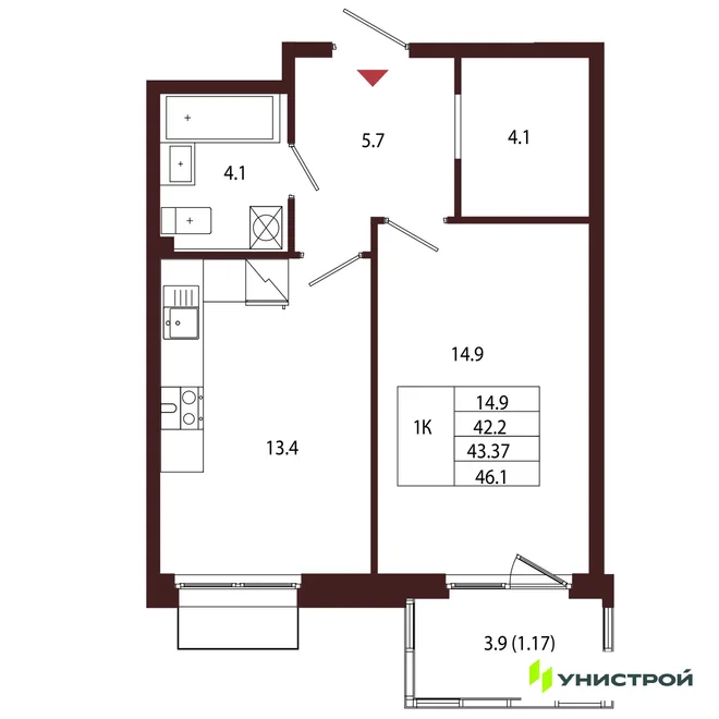 Планировка 1-комн. квартира, 43.37 м² ЖК «Лисино» Планировка 1-комн. квартира, 43.37 м² ЖК «Лисино»
