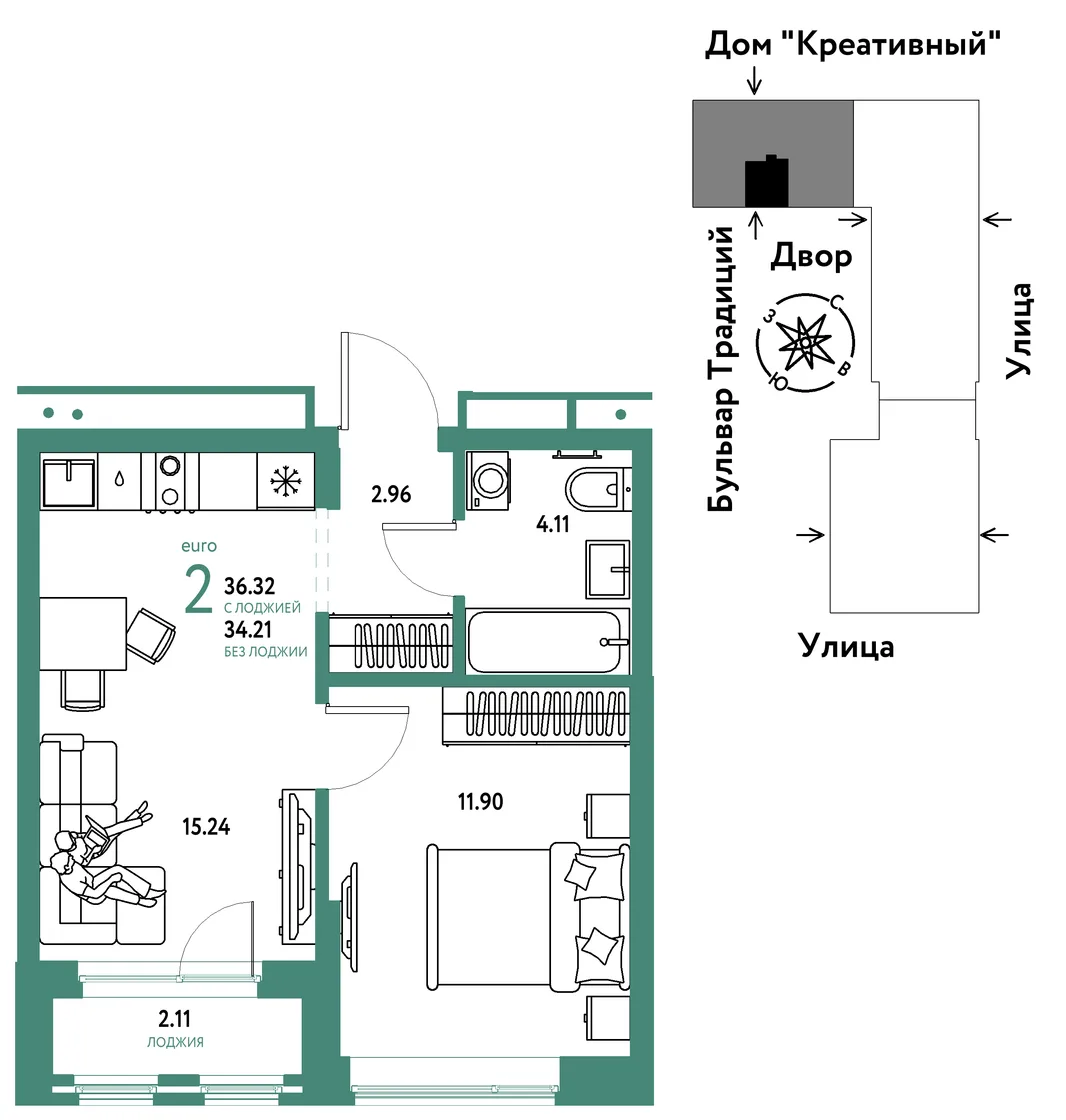Планировка 2-комн. квартира, 36.32 м² ЖК «Микрорайон Домашний»