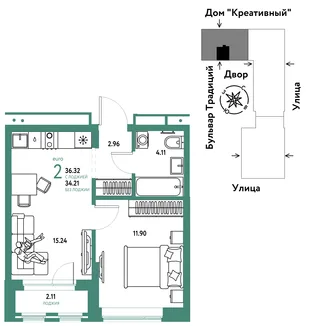 Планировка 2-комн. квартира, 36.32 м² ЖК «Микрорайон Домашний»