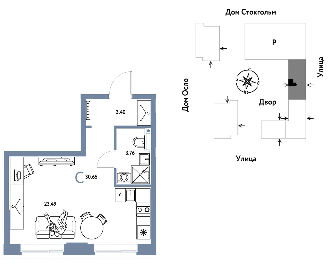 Планировка Студия, 30.65 м² ЖК «Европейский берег 2.0»