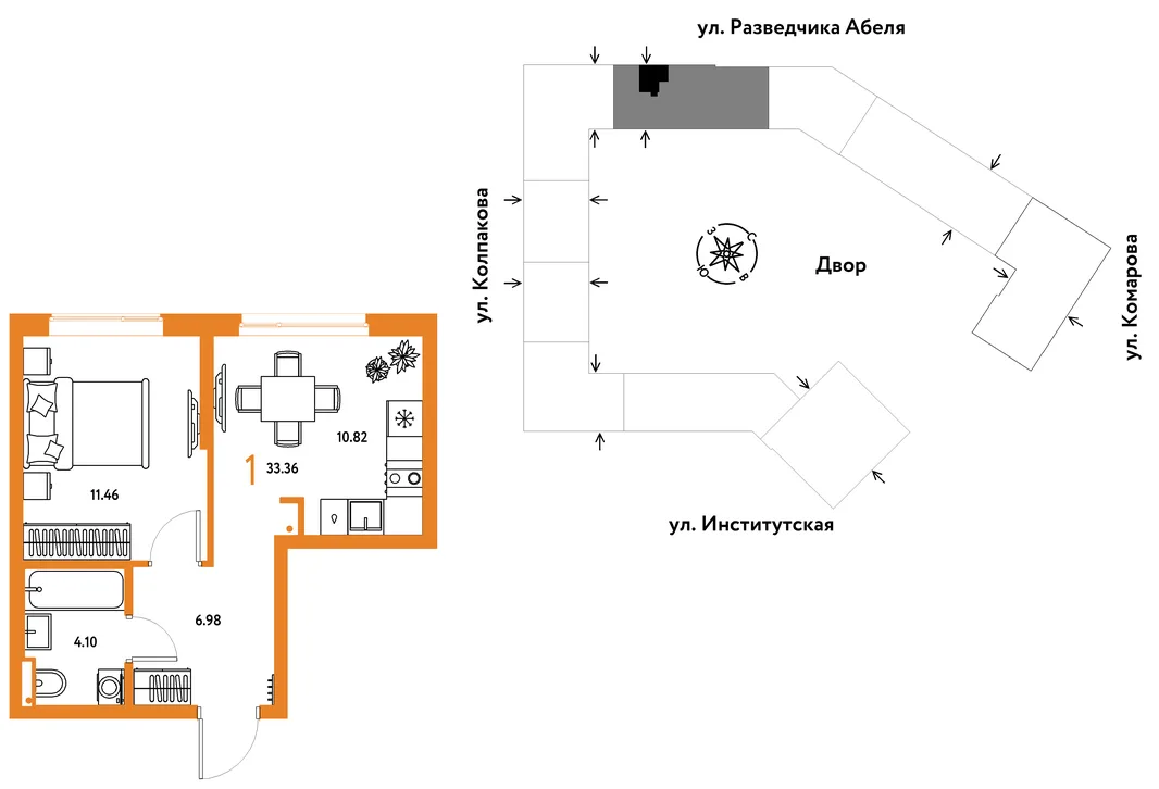 Планировка 1-комн. квартира, 33.36 м² ЖК «Страна.Парковая»