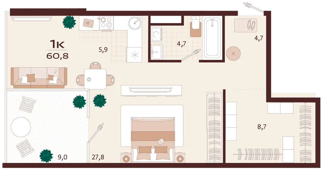 Планировка 1-комн. квартира, 60.8 м² ЖК «Роялта»