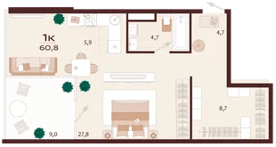Планировка 1-комн. квартира, 60.8 м² ЖК «Роялта»