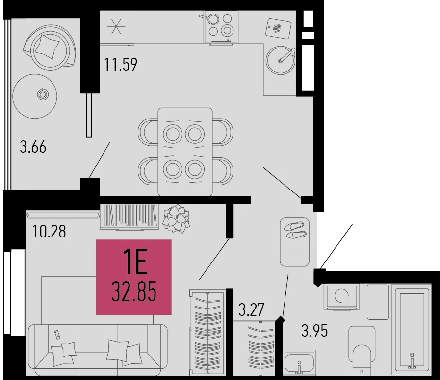 Планировка 1-комн. квартира, 32.85 м² ЖК «Столицыно»