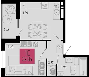 Планировка 1-комн. квартира, 32.85 м² ЖК «Столицыно»