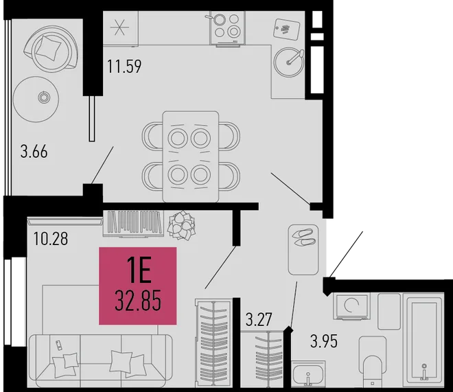 Планировка 1-комн. квартира, 32.85 м² ЖК «Столицыно» Планировка 1-комн. квартира, 32.85 м² ЖК «Столицыно»