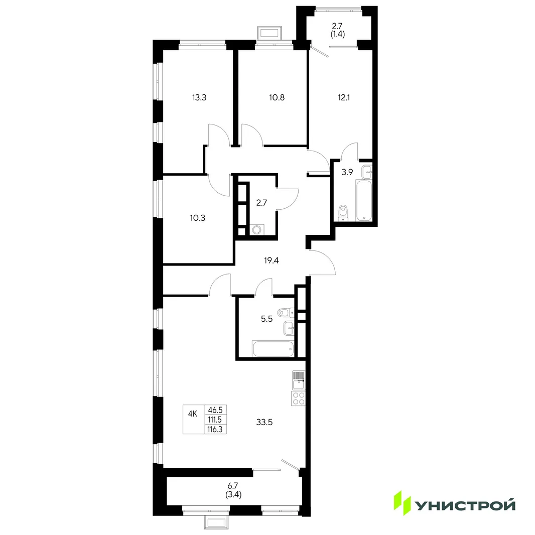 Планировка 4-комн. квартира, 116.3 м² ЖК «Стадиум»