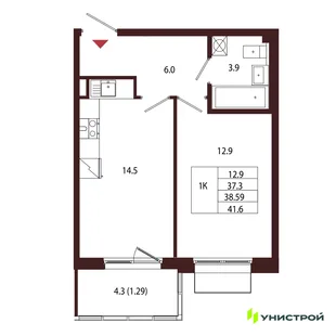 Планировка 1-комн. квартира, 38.59 м² ЖК «Лисино»