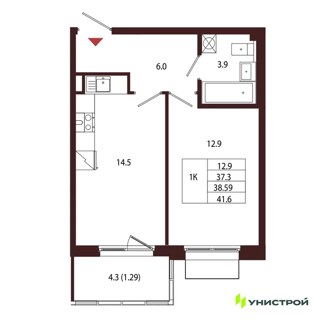 Планировка 1-комн. квартира, 38.59 м² ЖК «Лисино» Планировка 1-комн. квартира, 38.59 м² ЖК «Лисино»