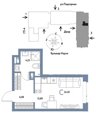 Планировка Студия, 24.2 м² ЖК «Авторский»