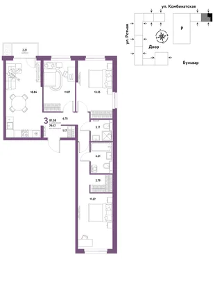 Планировка 3-комн. квартира, 80.74 м² ЖК «Уральский сад»