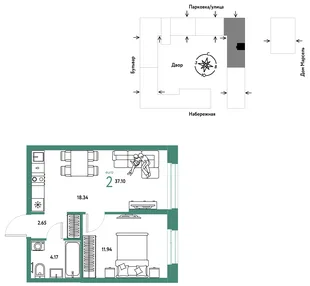 Планировка 2-комн. квартира, 37.1 м² ЖК «Европейский берег 2.0»