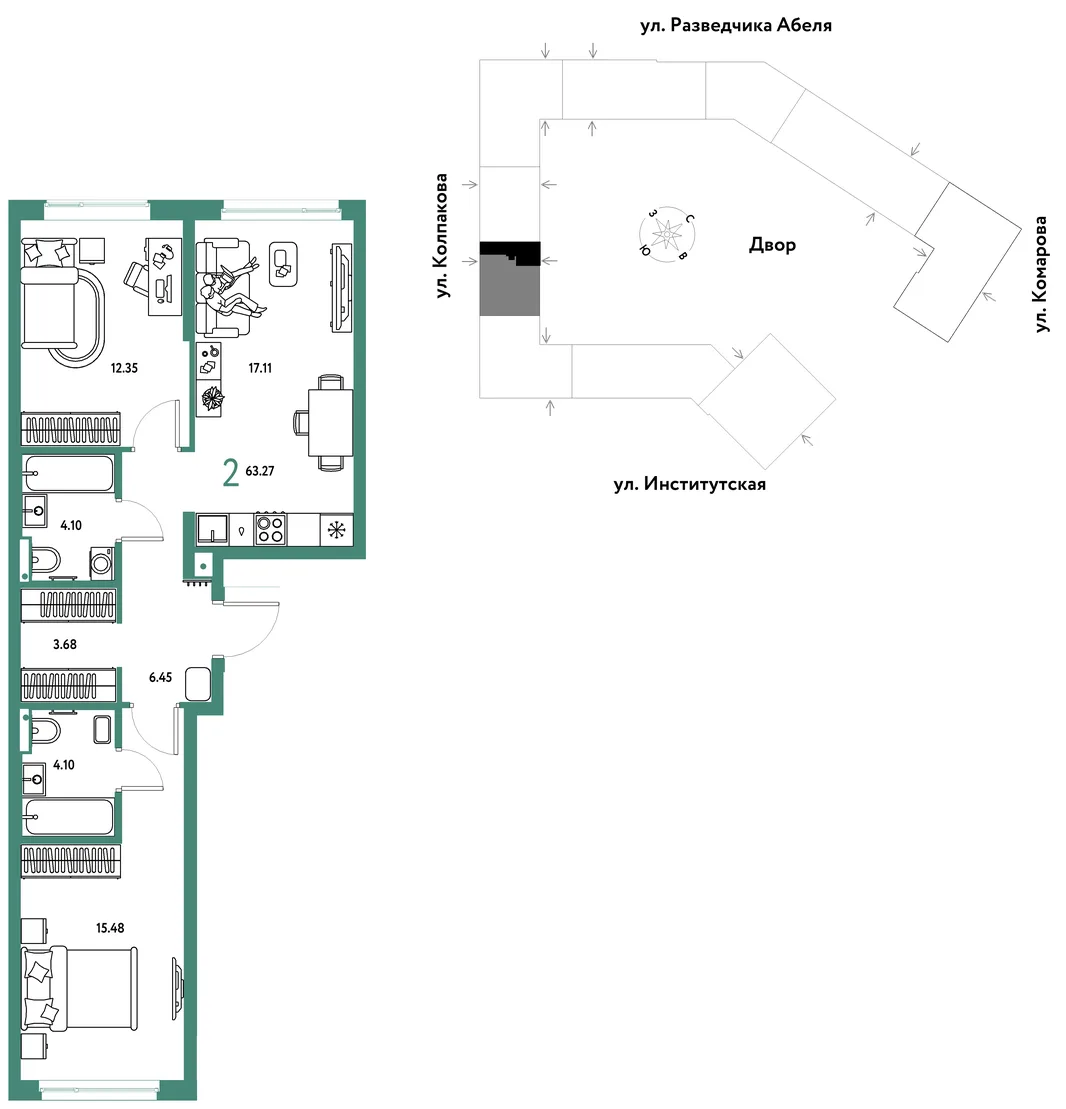 Планировка 2-комн. квартира, 63.27 м² ЖК «Страна.Парковая»