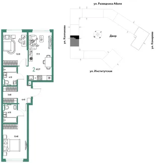Планировка 2-комн. квартира, 63.27 м² ЖК «Страна.Парковая»