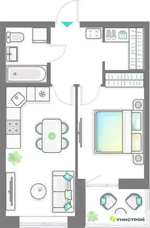 Планировка 1-комн. квартира, 41.55 м² ЖК «Лето»
