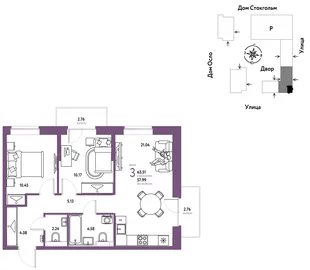 Планировка 3-комн. квартира, 63.51 м² ЖК «Европейский берег 2.0»