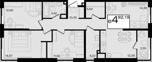 Планировка 4-комн. квартира, 92.19 м² ЖК «Патрики»