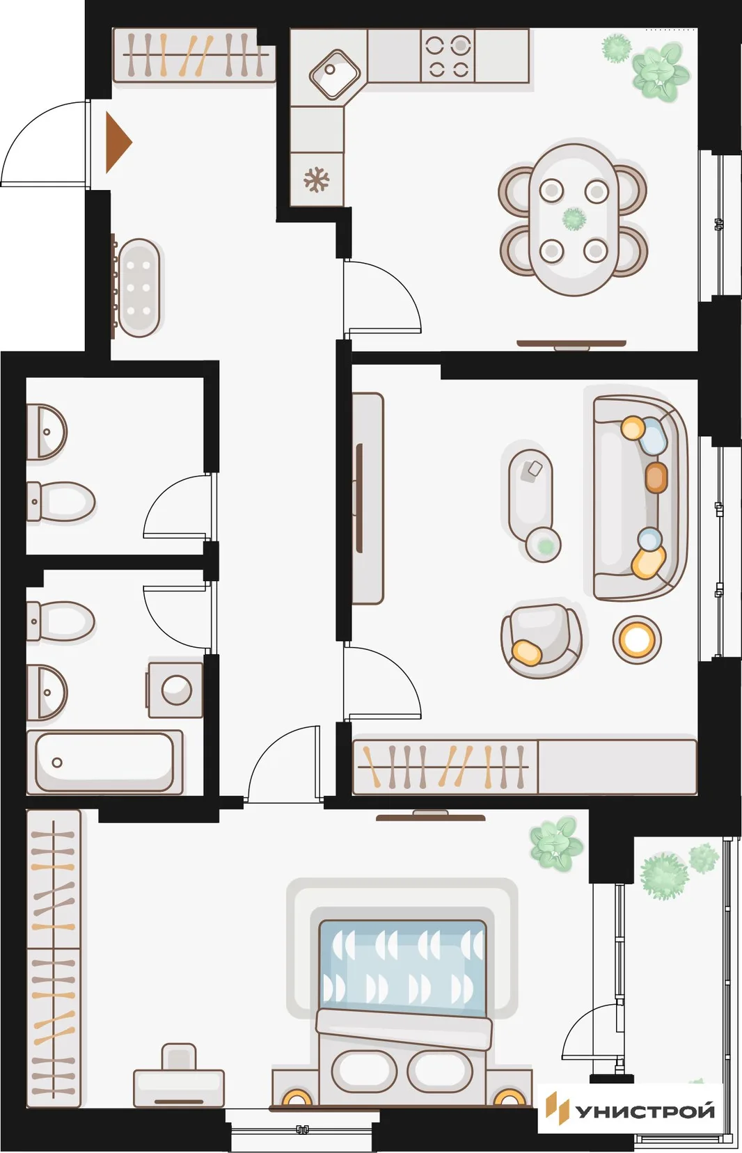 Планировка 2-комн. квартира, 75.07 м² ЖК «Жилой кластер Q на Кулагина»