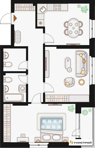 Планировка 2-комн. квартира, 75.07 м² ЖК «Жилой кластер Q на Кулагина»