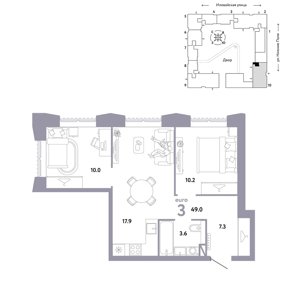Планировка 3-комн. квартира, 49 м² ЖК «Страна.Заречная»