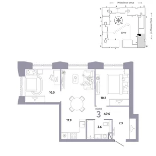 Планировка 3-комн. квартира, 49 м² ЖК «Страна.Заречная»