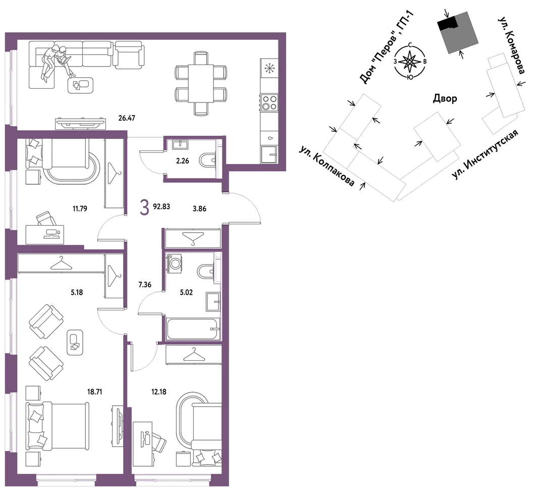 Планировка 3-комн. квартира, 92.83 м² ЖК «Страна.Парковая»