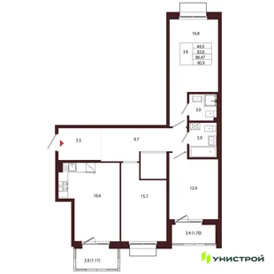 Планировка 3-комн. квартира, 86.47 м² ЖК «Лисино»