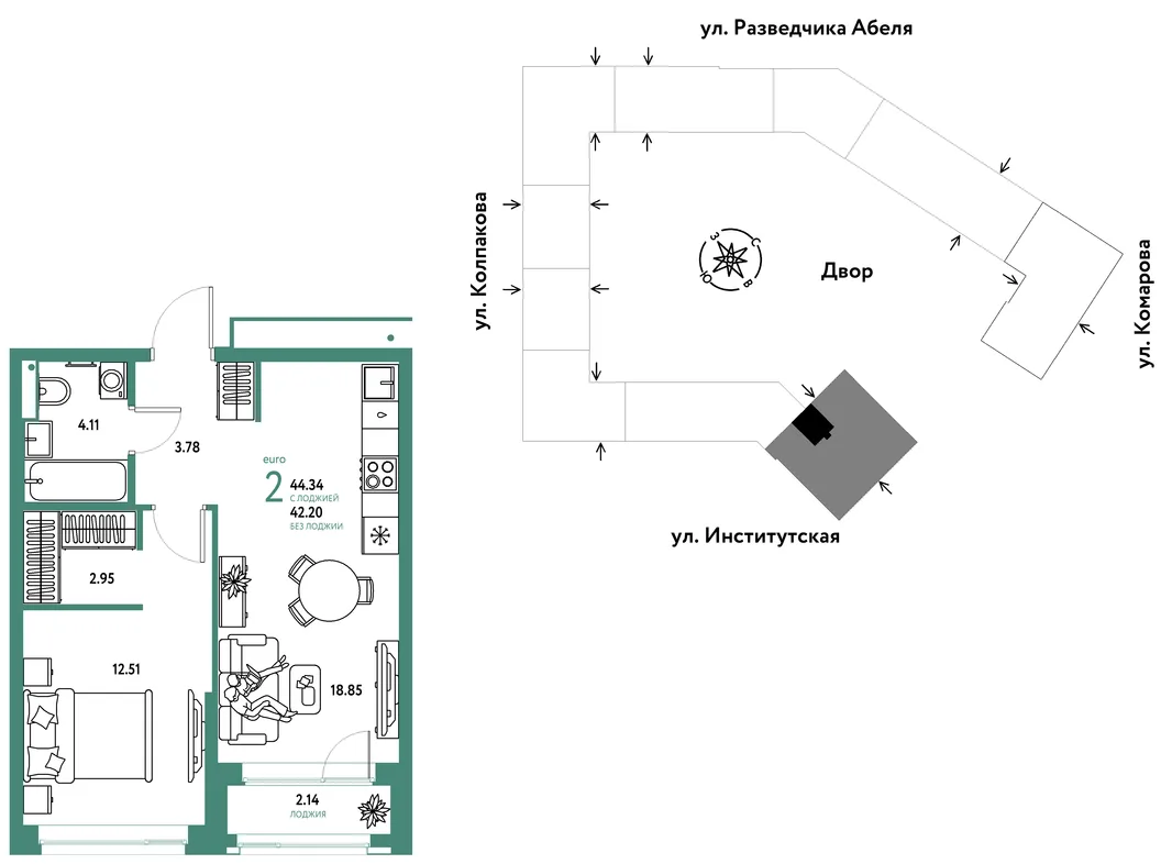 Планировка 2-комн. квартира, 44.34 м² ЖК «Страна.Парковая»