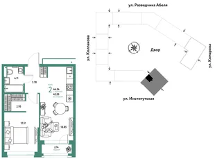 Планировка 2-комн. квартира, 44.34 м² ЖК «Страна.Парковая»