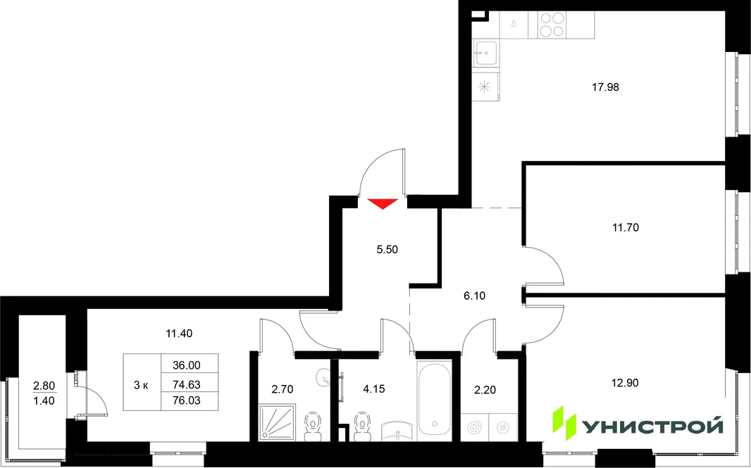 Планировка 3-комн. квартира, 76.03 м² ЖК «Уникод на Технической»