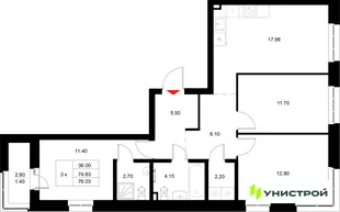 Планировка 3-комн. квартира, 76.03 м² ЖК «Уникод на Технической»
