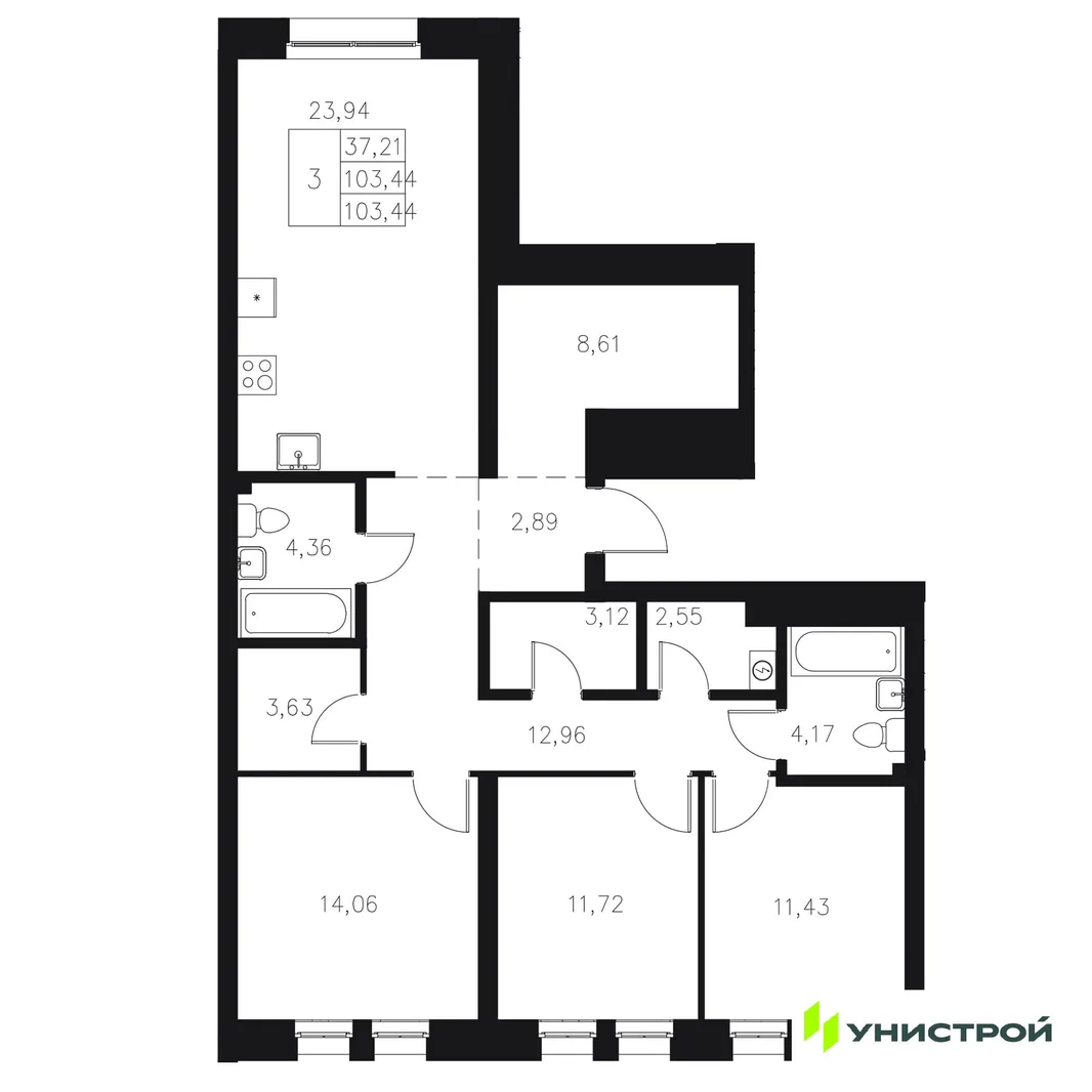 Планировка 3-комн. квартира, 103.44 м² ЖК «Statum»