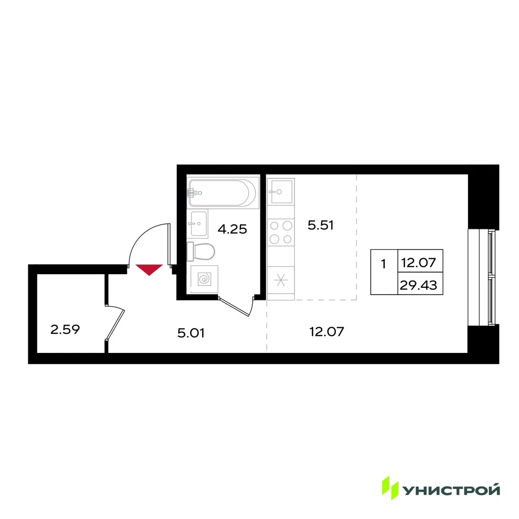 Планировка 1-комн. квартира, 29.43 м² ЖК «Уникум на Энгельса»
