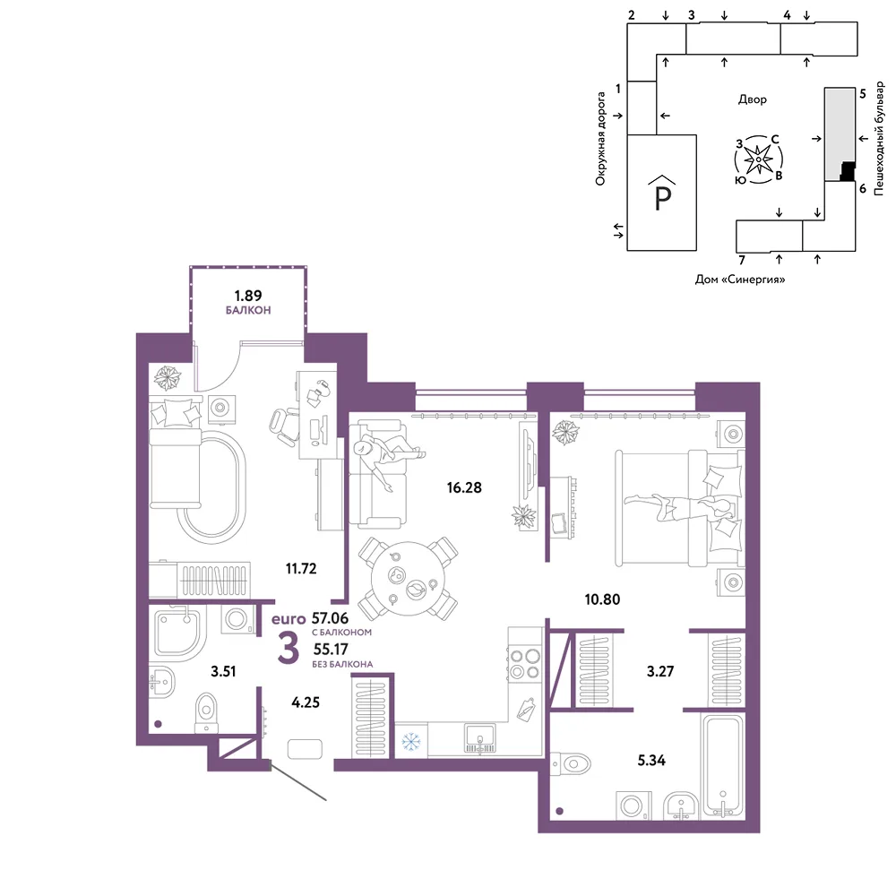 Планировка 3-комн. квартира, 57.06 м² ЖК «Юнион»