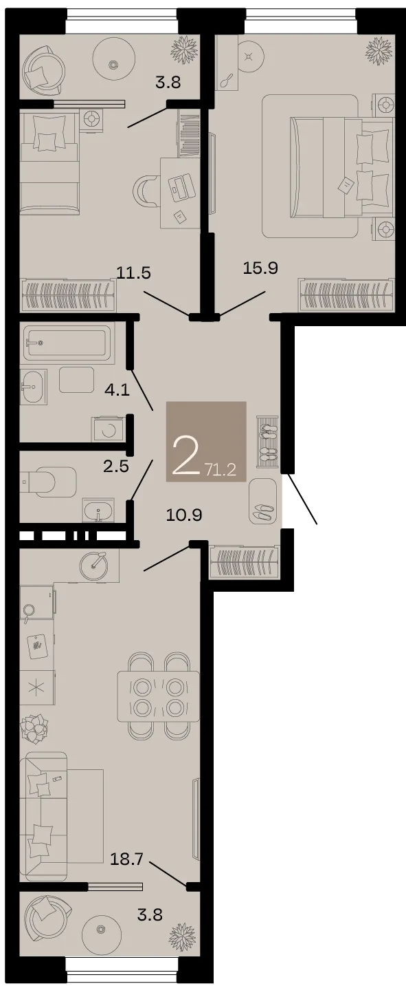 Планировка 2-комн. квартира, 71.2 м² ЖК «Хозяин морей»