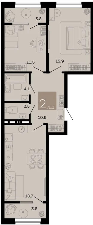 Планировка 2-комн. квартира, 71.2 м² ЖК «Хозяин морей»