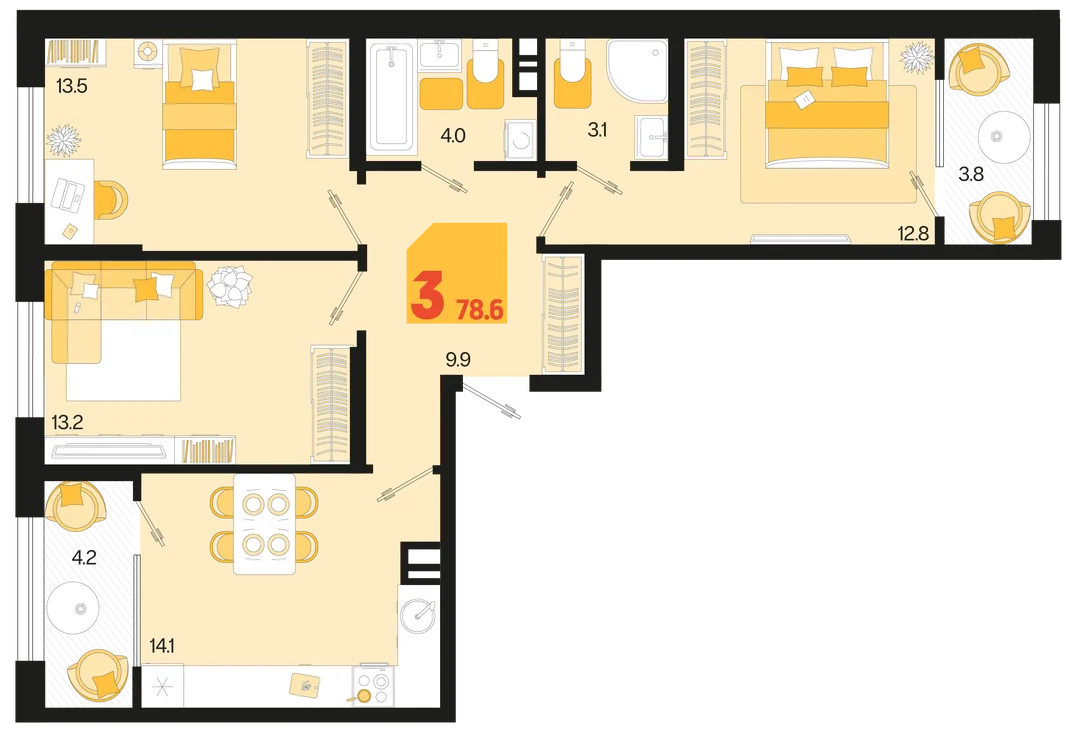 Планировка 3-комн. квартира, 78.6 м² ЖК «Первое место»