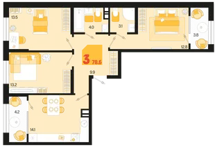 Планировка 3-комн. квартира, 78.6 м² ЖК «Первое место»