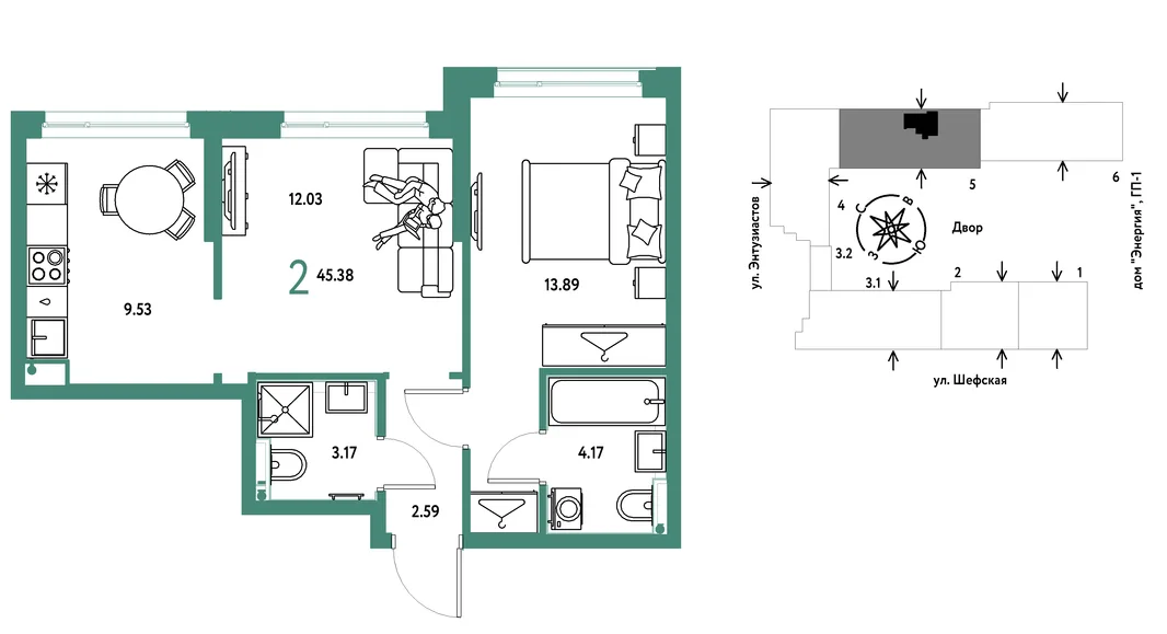 Планировка 2-комн. квартира, 45.38 м² ЖК «Страна.Энтузиастов»
