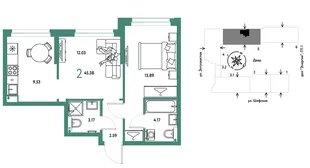 Планировка 2-комн. квартира, 45.38 м² ЖК «Страна.Энтузиастов»