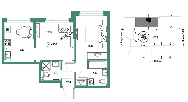 Планировка 2-комн. квартира, 45.38 м² ЖК «Страна.Энтузиастов» Планировка 2-комн. квартира, 45.38 м² ЖК «Страна.Энтузиастов»