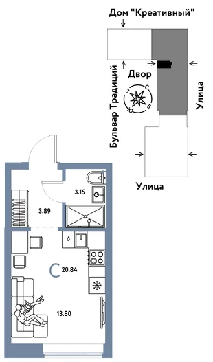 Планировка Студия, 20.84 м² ЖК «Микрорайон Домашний»