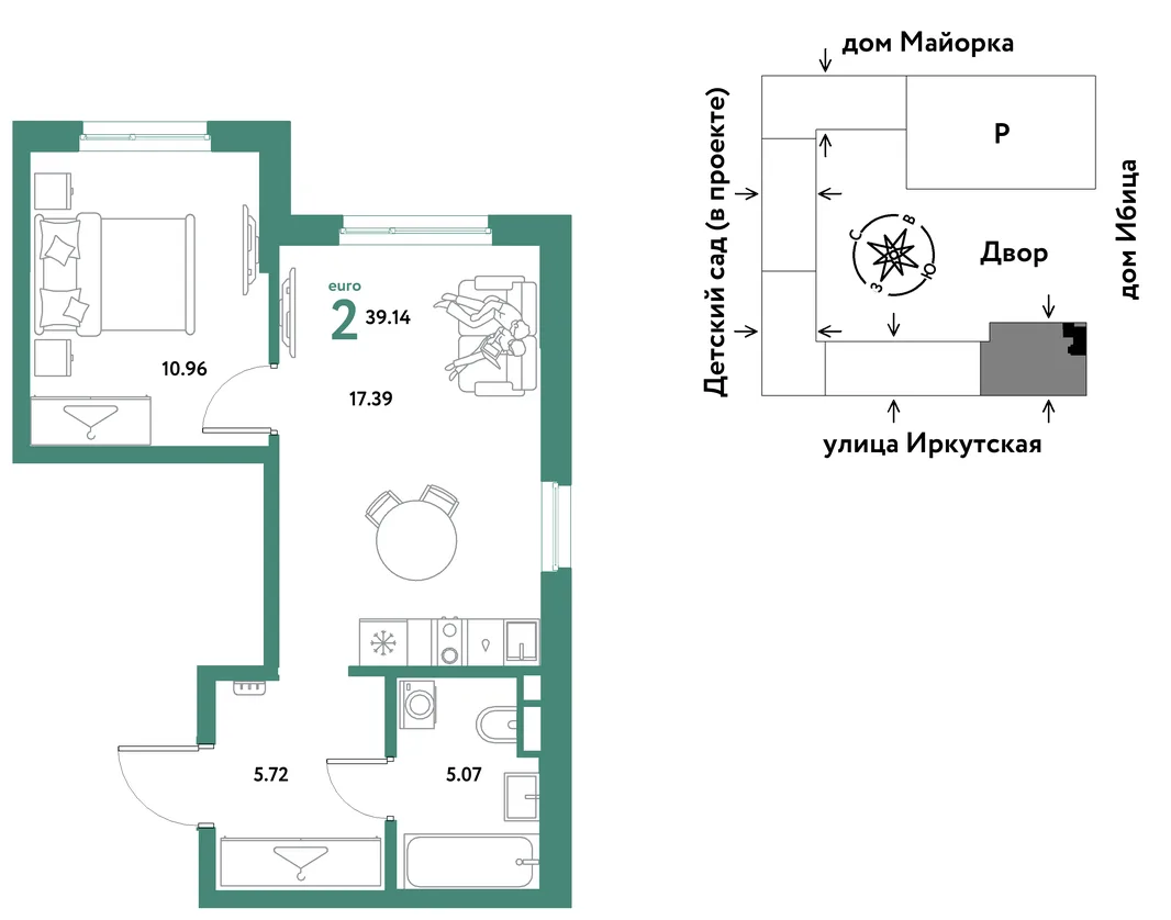 Планировка 2-комн. квартира, 39.14 м² ЖК «Остров-сад»