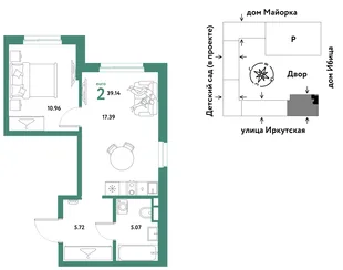 Планировка 2-комн. квартира, 39.14 м² ЖК «Остров-сад»
