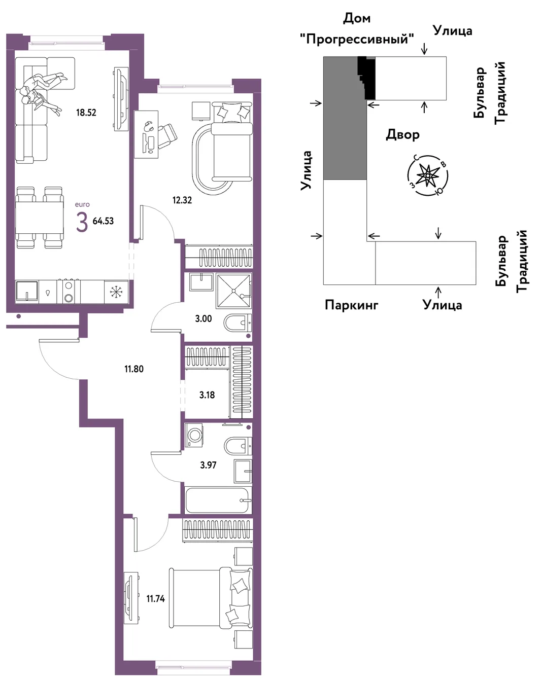 Планировка 3-комн. квартира, 64.53 м² ЖК «Микрорайон Домашний»