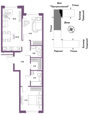 Планировка 3-комн. квартира, 64.53 м² ЖК «Микрорайон Домашний»