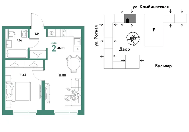 Планировка 2-комн. квартира, 36.55 м² ЖК «Уральский сад» Планировка 2-комн. квартира, 36.55 м² ЖК «Уральский сад»