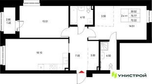 Планировка 2-комн. квартира, 72.22 м² ЖК «Уникод на Технической»
